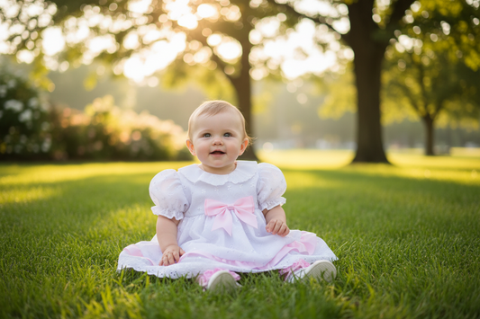 Baby Girls White And Pink Broderie Anglaise Dress And Pants Set