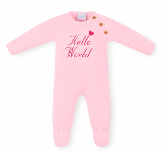 Baby Girls 2 Piece Pink Knitted Set With Embroidered Hello World Design