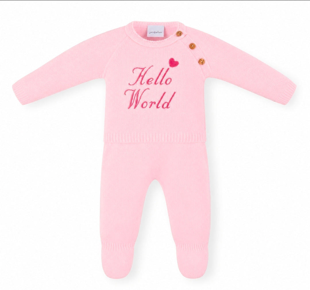 Baby Girls 2 Piece Pink Knitted Set With Embroidered Hello World Design