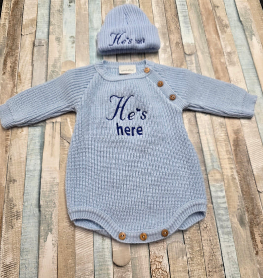 Baby Boys Blue He's Here Long Sleeved Knitted Romper Beanie