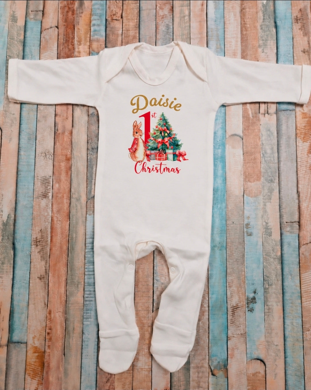 Personalised White Babygro With Red 1st Christmas Printed Rabbit