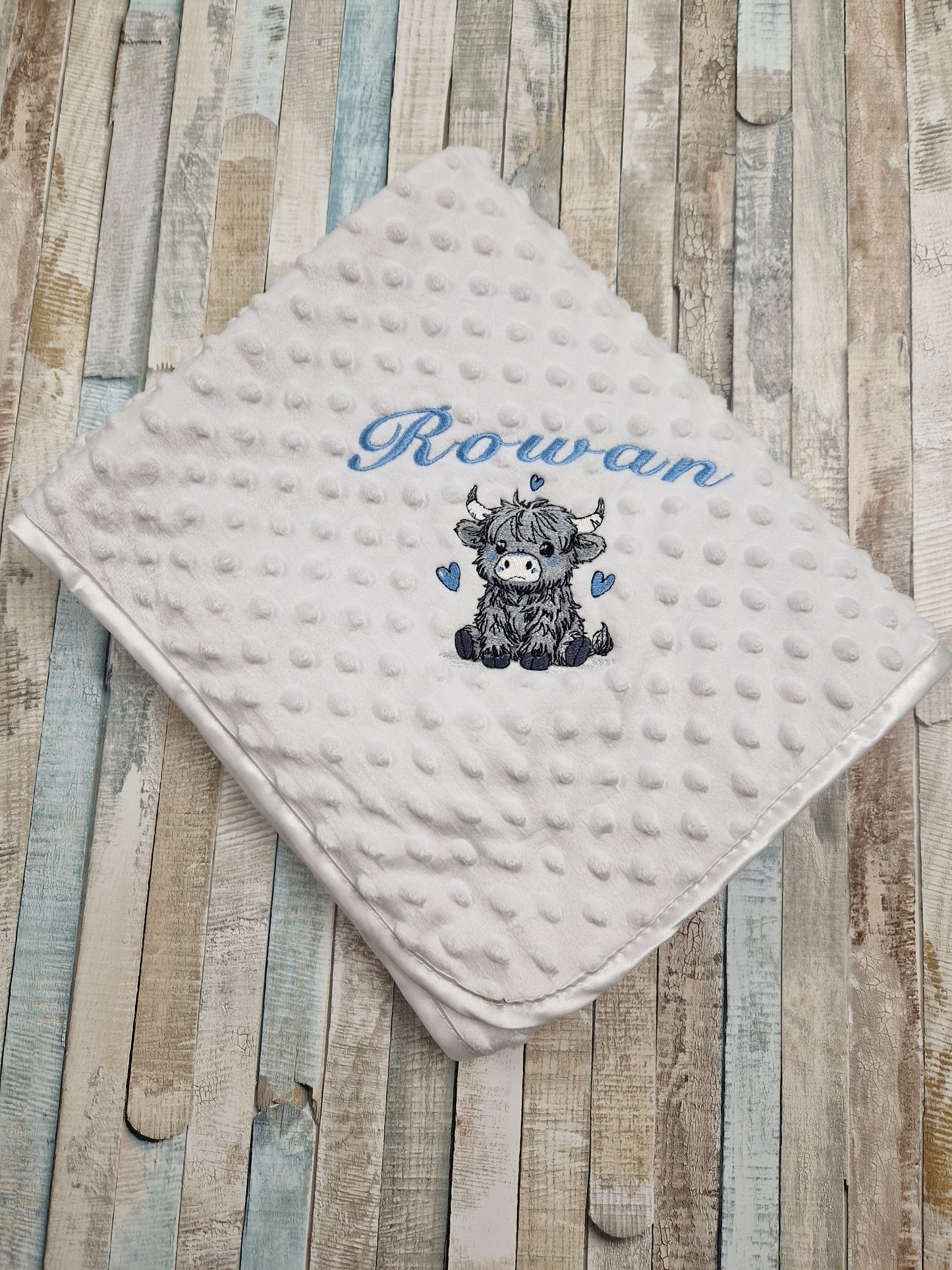 Baby Boys Personalised White Dimple Wrap With Grey Highland Cow