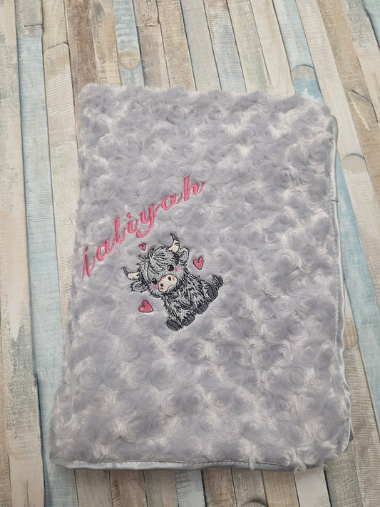 Personalised Baby Girls  Grey Soft Rose Highland Cow Wrap