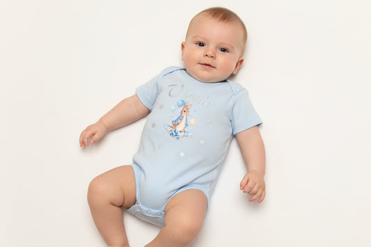 Baby Boys Personalised Blue Printed Rabbit And Stars Vest