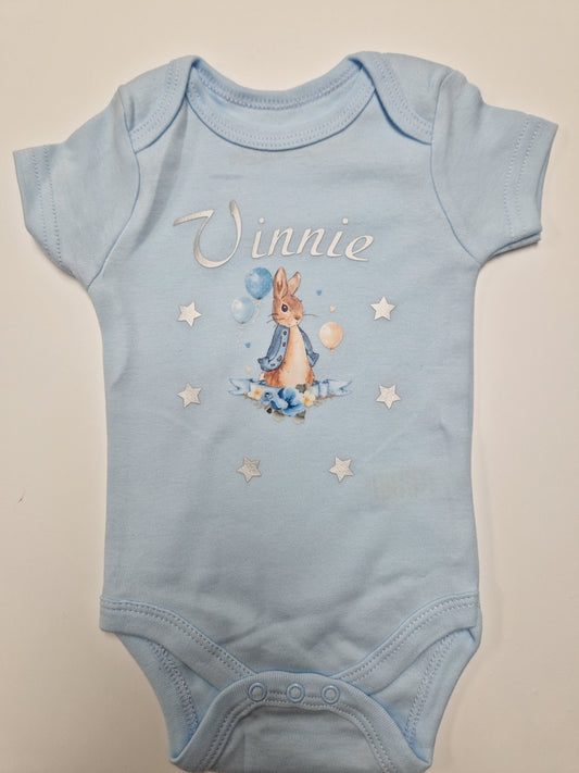 Baby Boys Personalised Blue Printed Rabbit And Stars Vest