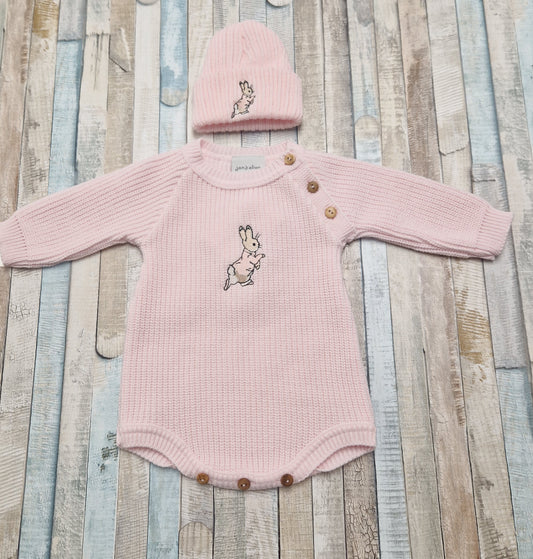 Baby Girls  Pink Knitted Rabbit Romper And Beanie Hat