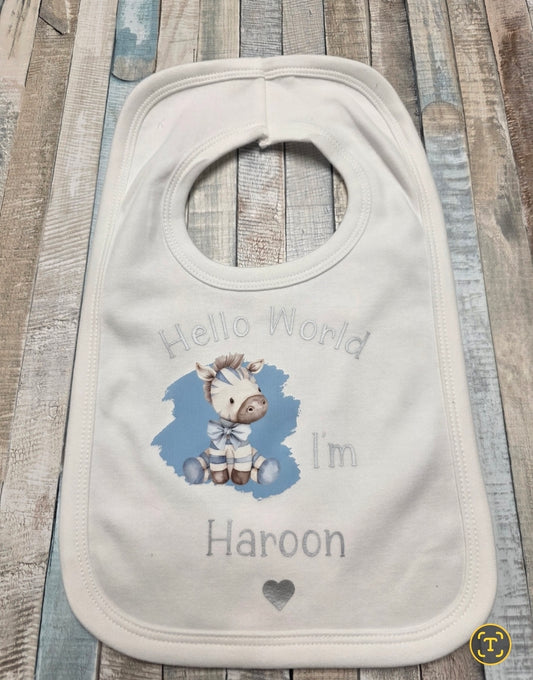 Baby Boys Personalised Hello World I'm Printed Blue Ziggy Zebra Bib