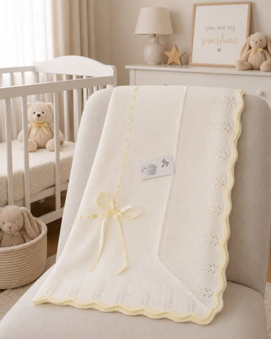 Unisex Baby White And Lemon  Knitted Shawl With Lemon Satin Ribbon