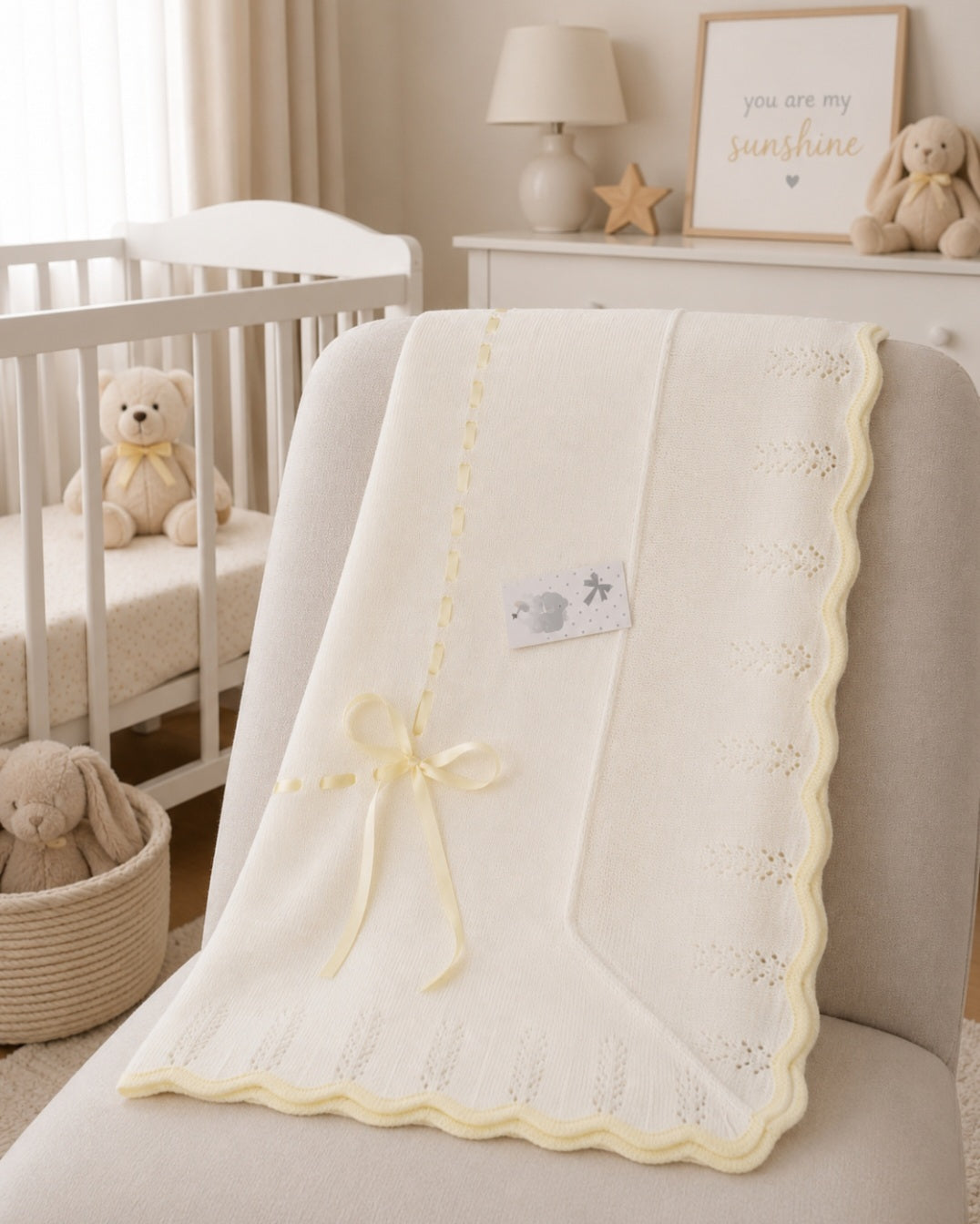 Unisex Baby White And Lemon  Knitted Shawl With Lemon Satin Ribbon