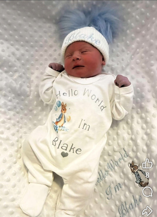 Personalised Hello World White Dimple Blanket/Wrap With Embroidered Blue Rabbit Design