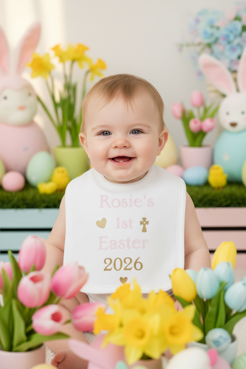 Baby Girls Personalised 1st Easter Bib With Cross