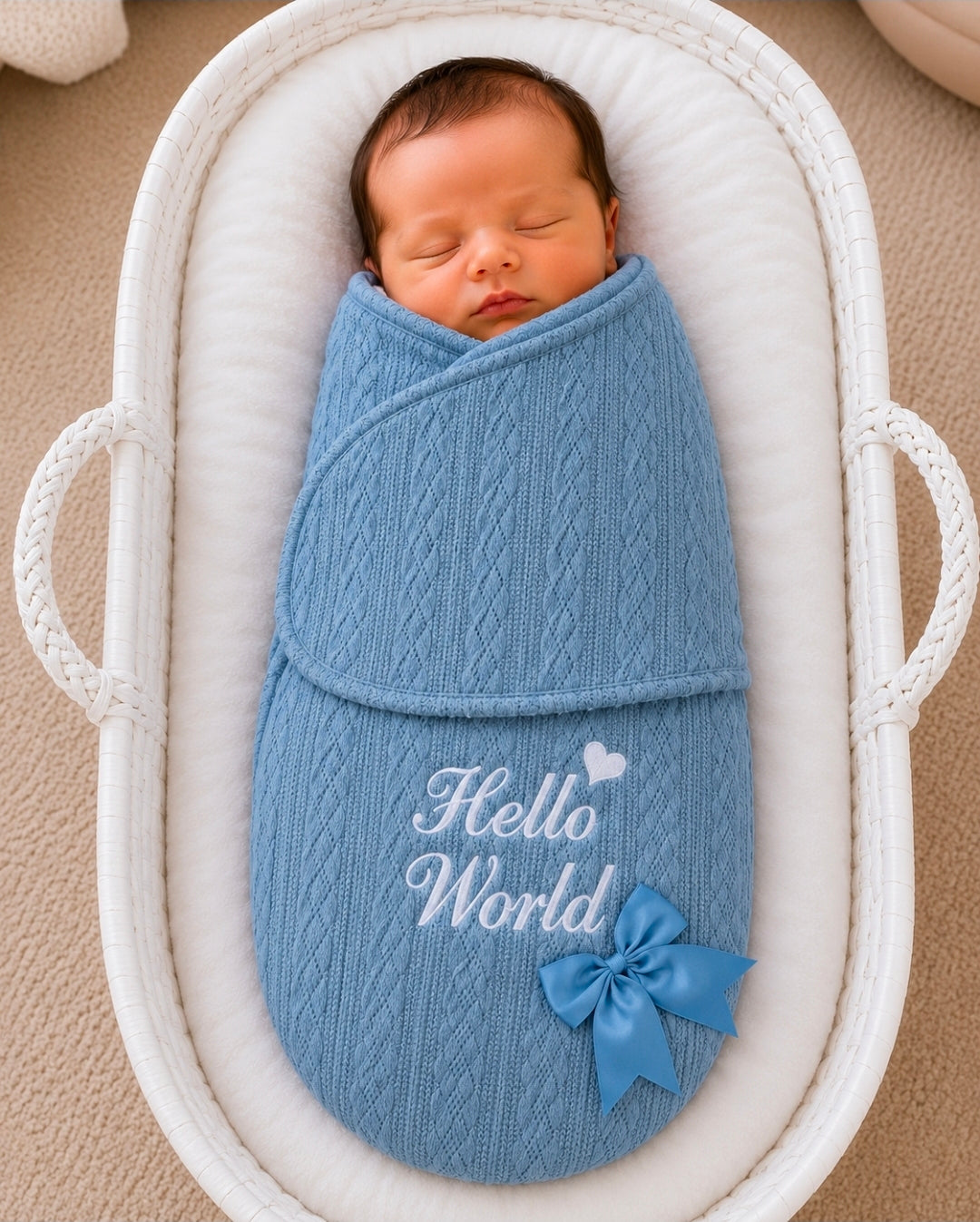 Baby Boys Dusky Blue Cable Design Hello World Swaddle