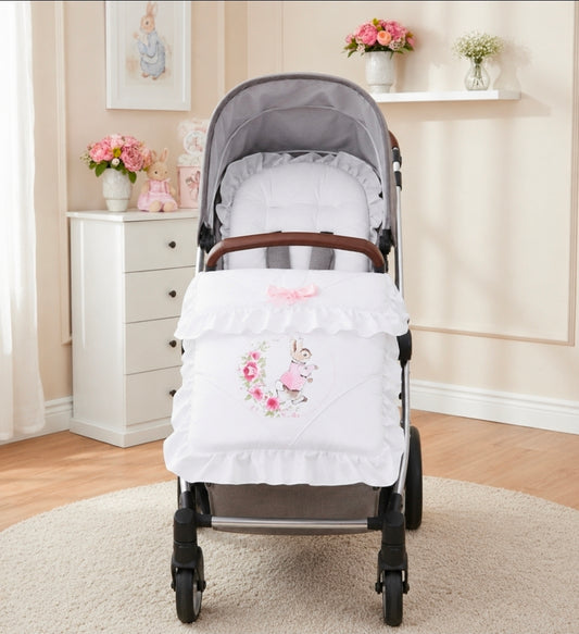 Baby Girls White Universal Pushchair Footmuff/Cosytoes With Pink Printed Rabbit