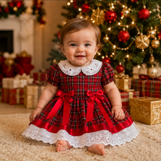 Baby Girls Red Tartan Dress With 2 Bows