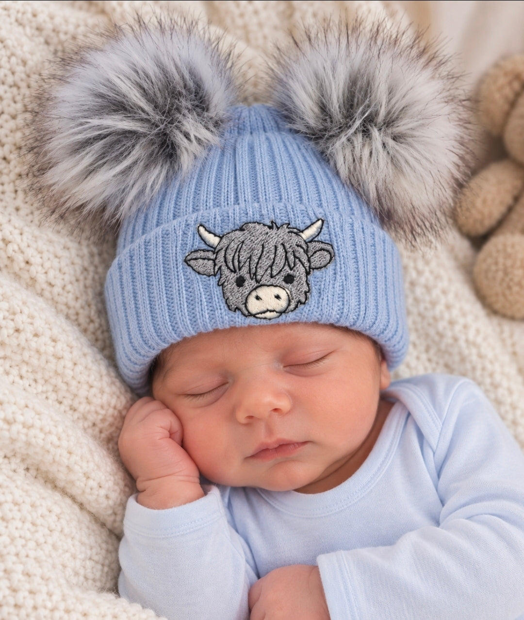 Baby Boys Medium Blue Highland Cow Hat