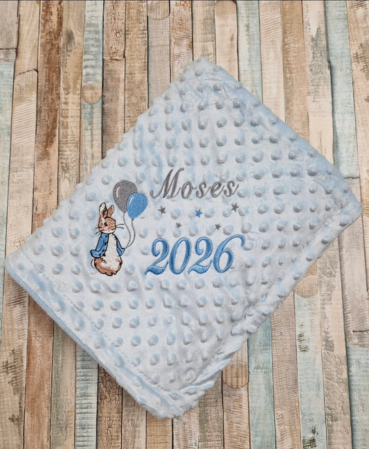 Personalised Baby Boys Blue Dimple Wrap With Blue Rabbit And Balloons And Year Of Birth