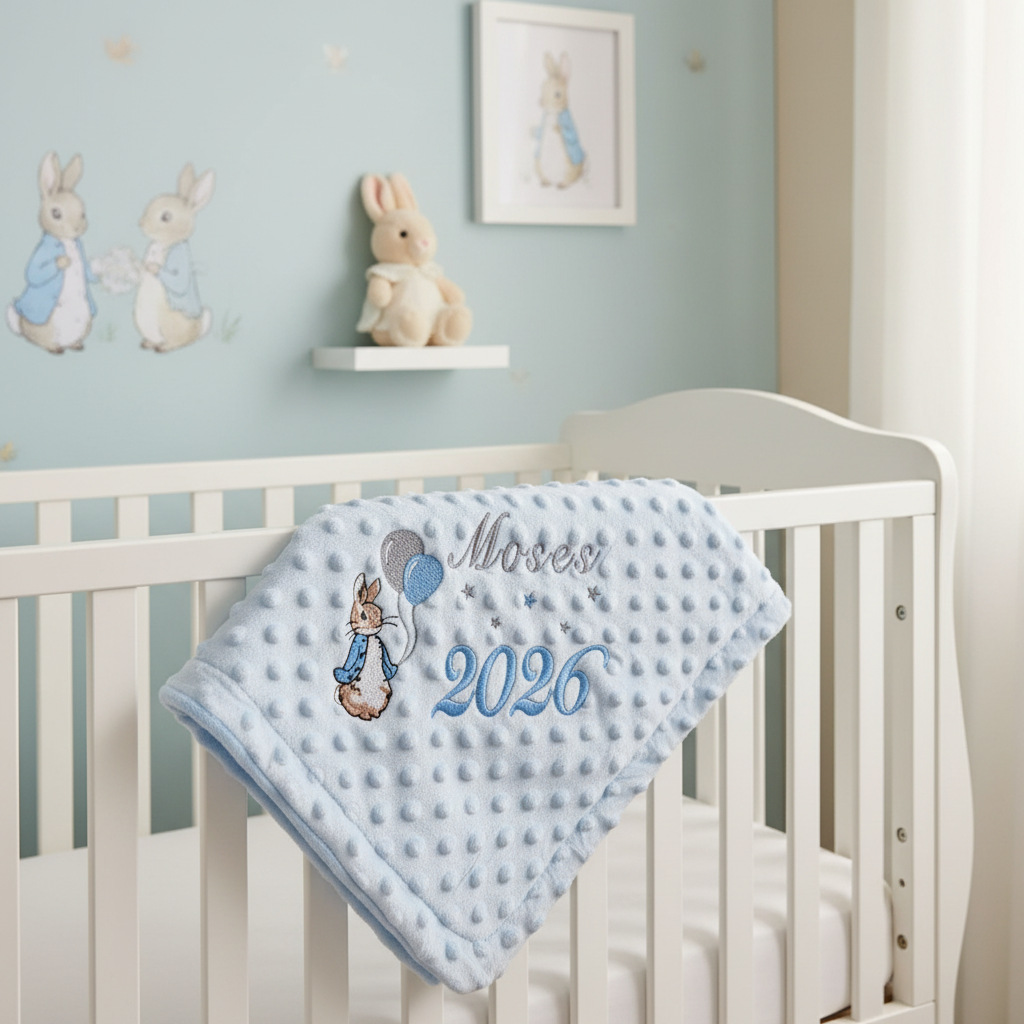 Personalised Baby Boys Blue Dimple Wrap With Blue Rabbit And Balloons And Year Of Birth