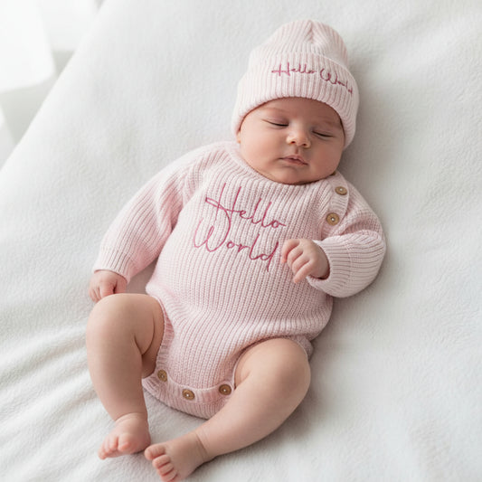 Baby Girls Pink Knitted Hello World Romper And Beanie Hat