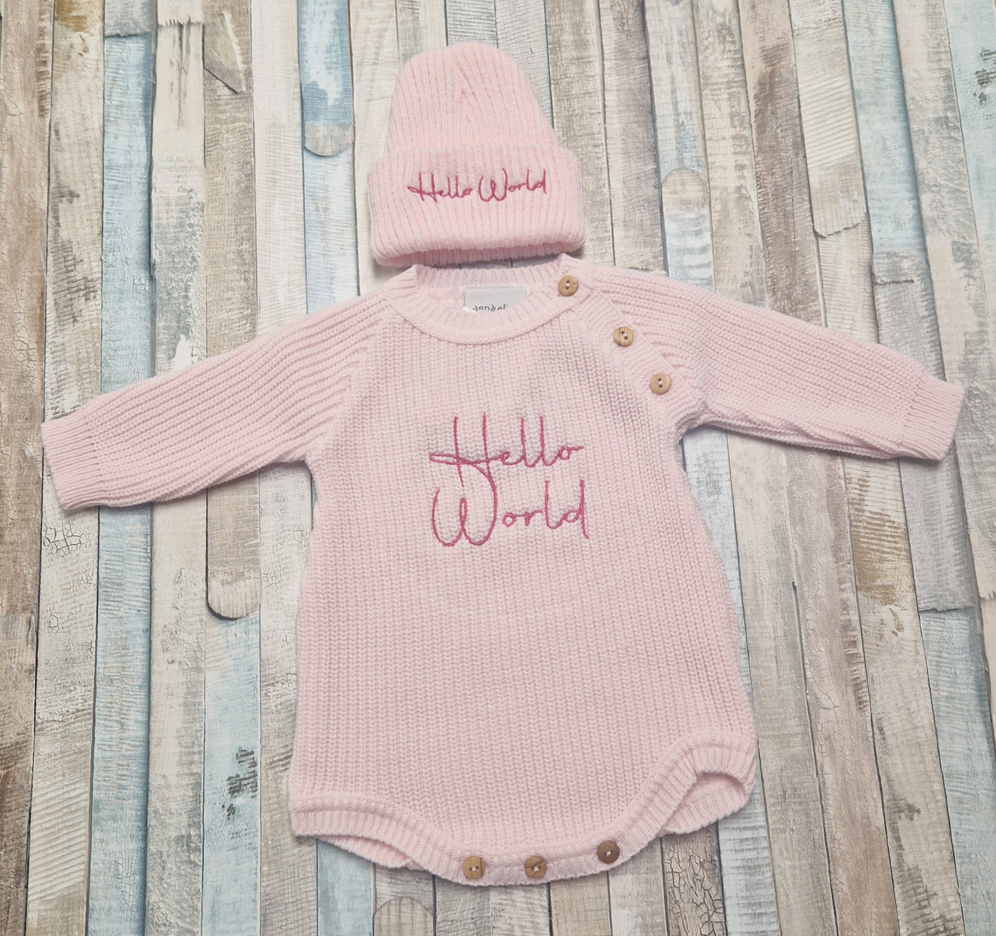 Baby Girls Pink Knitted Hello World Romper And Beanie Hat