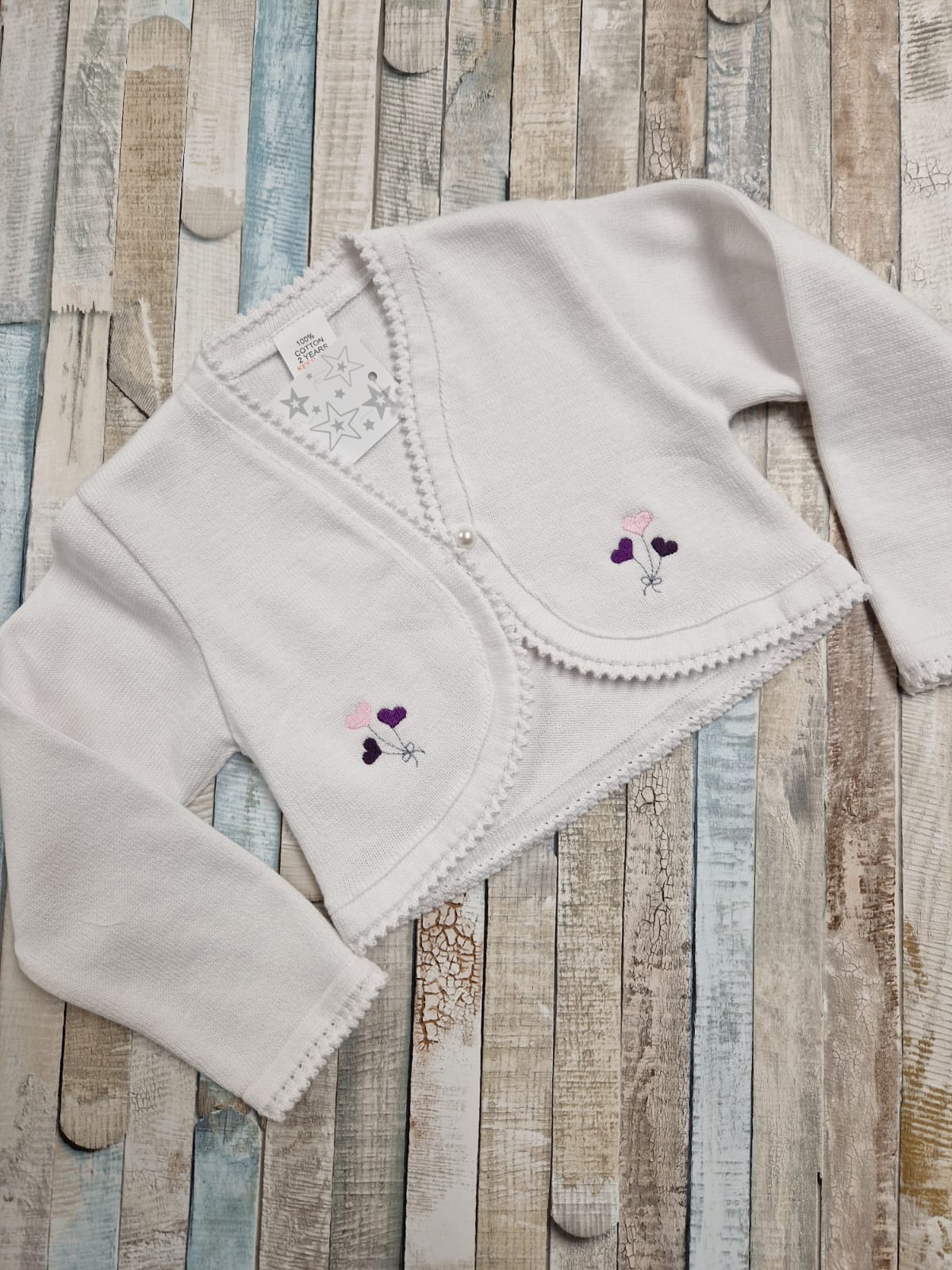 Baby  Girls White Bolero Cardigan Embroidered With Lilac Balloon Design