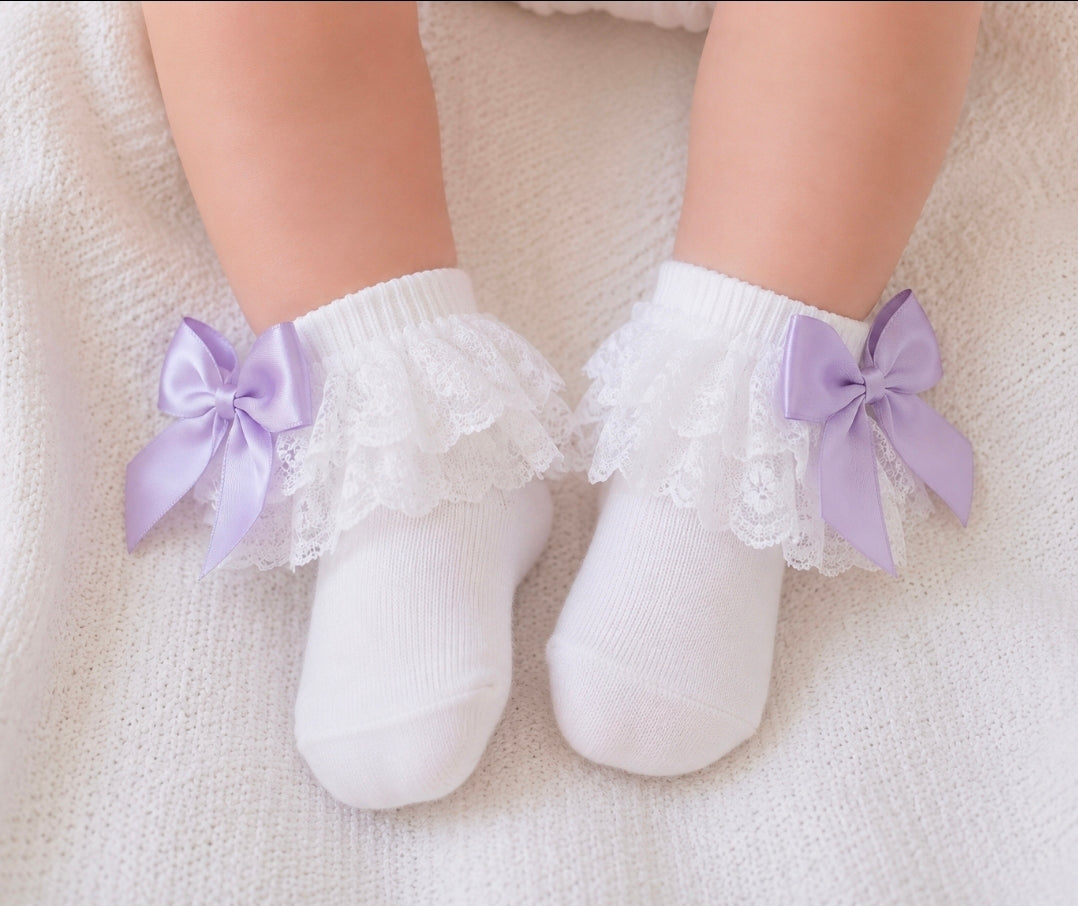 White Frilly Socks With Lilac Ribbon
