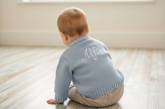 Personalised Baby Boys V Neck Cable Knit Blue Cardigan