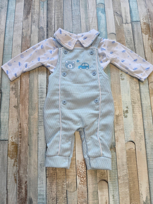 Baby Boys Car And Teddy Dungaree Set With White Trim