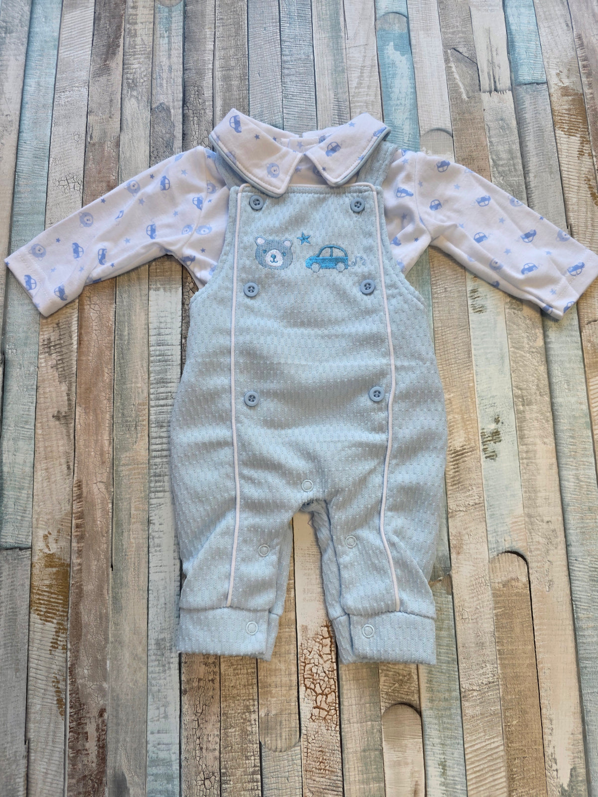 Baby Boys Car And Teddy Dungaree Set With White Trim