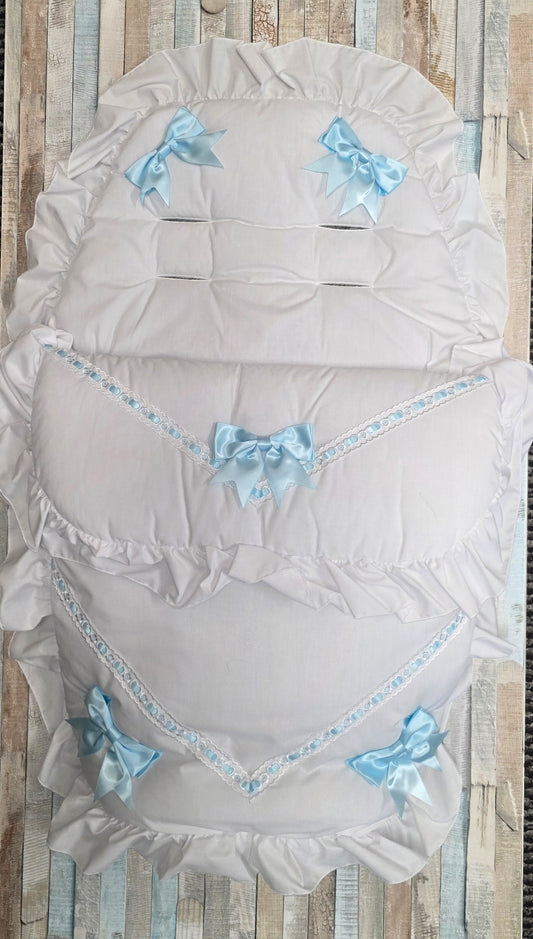 Baby Boys White Frill Universal Pushchair  Footmuff/ Cosytoes With 5 Blue  Satin Bow