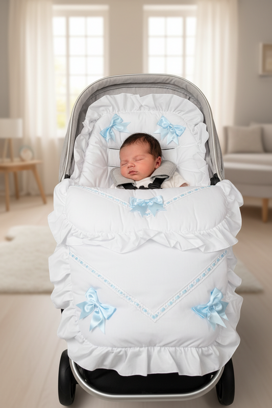Baby Boys White Frill Universal Pushchair  Footmuff/ Cosytoes With 5 Blue  Satin Bow