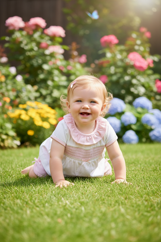 Baby Girls White And Pink Short Set With Pink Ribbon Bow