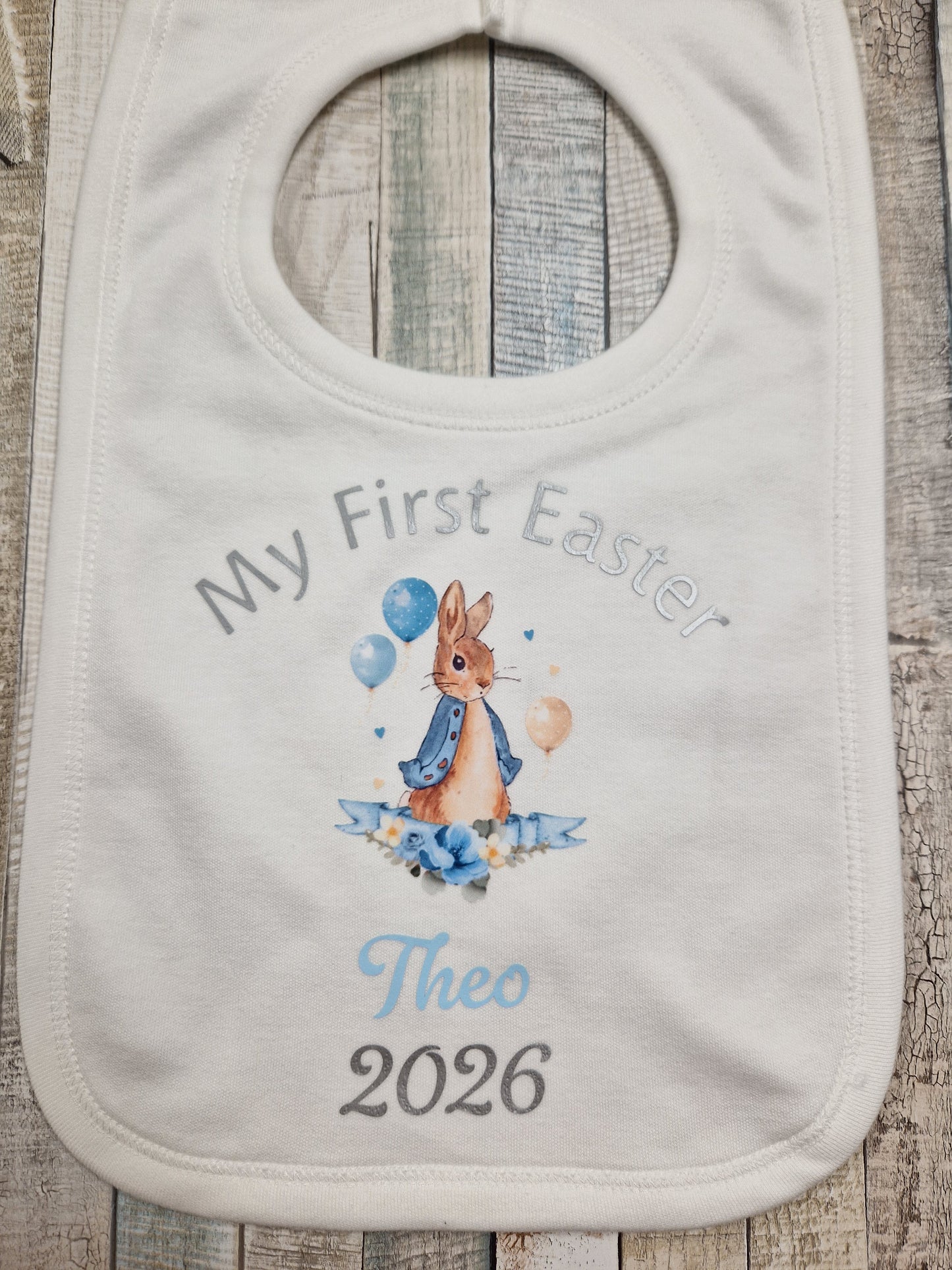 Baby Boys Personalised My First Easter Blue Rabbit Bib