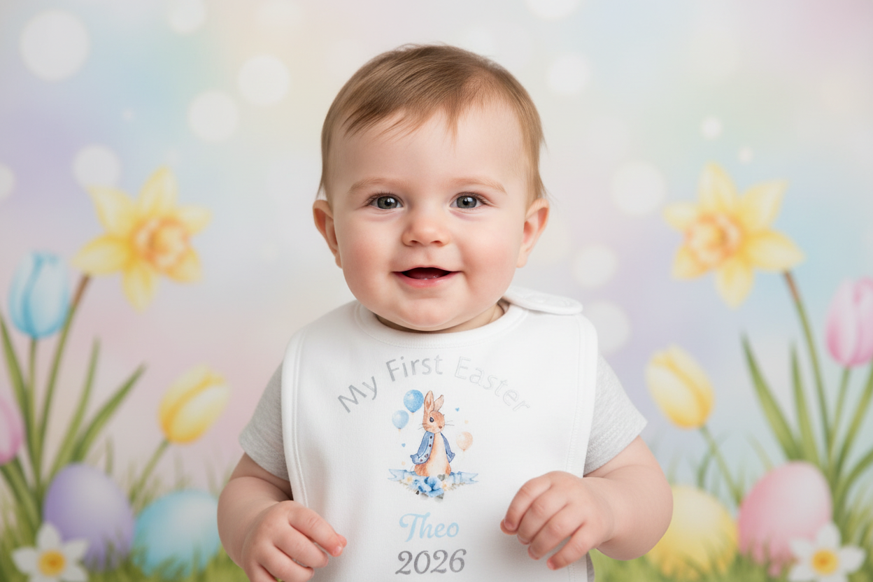 Baby Boys Personalised My First Easter Blue Rabbit Bib