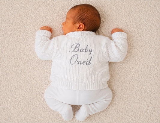 Unisex Baby White Personalised Baby And Name V Neck Ribbed Cardigan