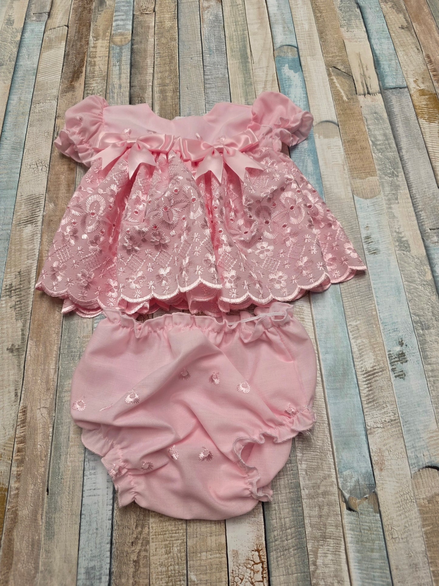 Baby Girls Pink Broderie Anglaise Short Sleeved Dress And Pants