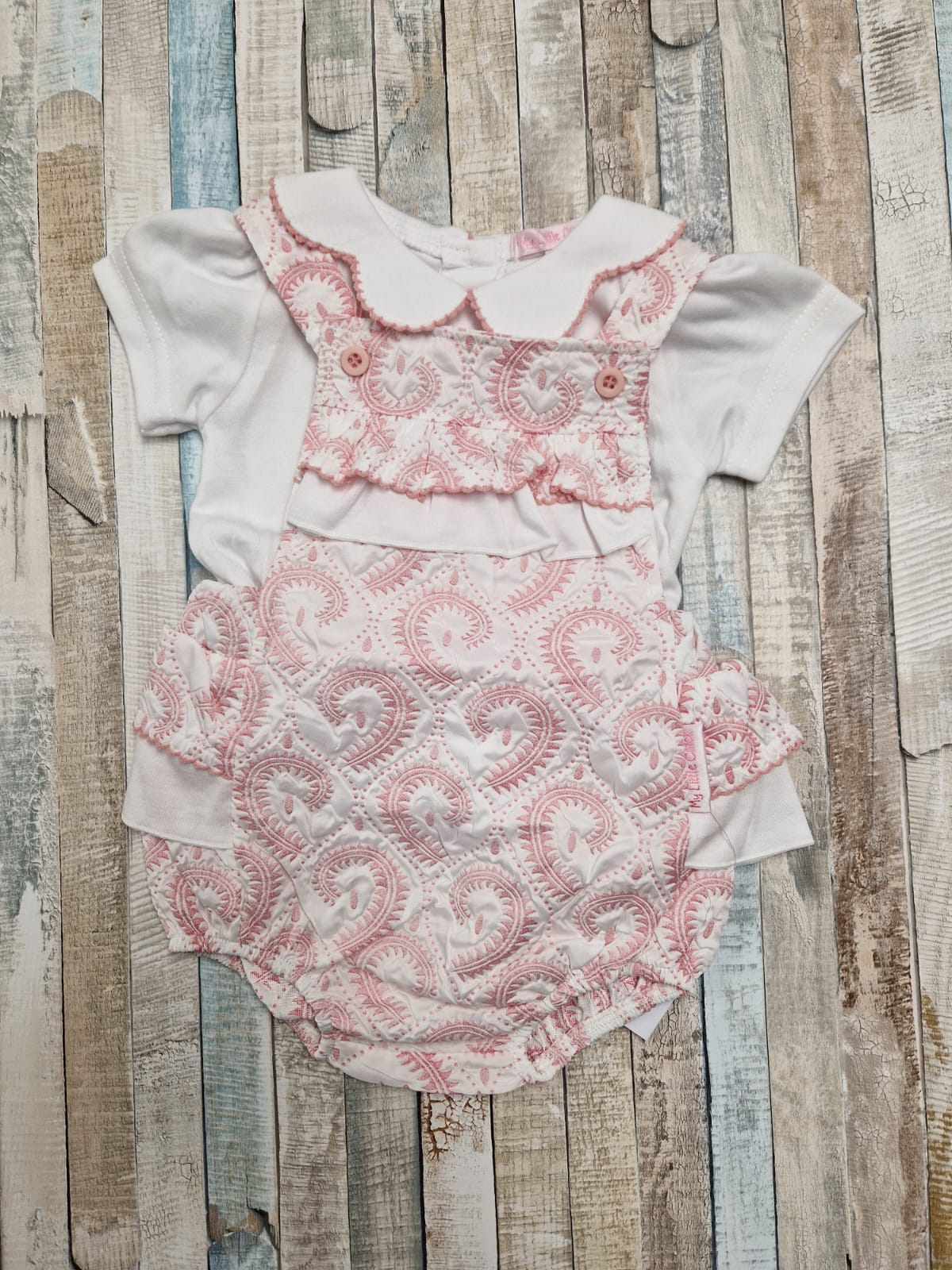 Baby Girls Pink And White Jacquard 2 Pieces Romper Set with Bows