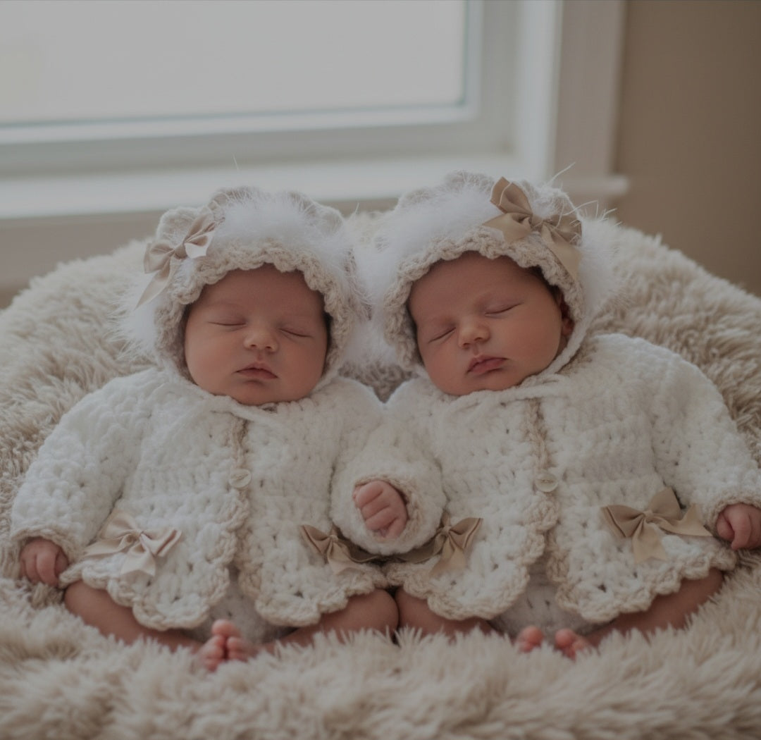 Baby Girls White And Beige Crochet Cardigan And Bonnet