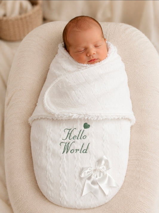 White Cable Design Swaddle With Hello World In Sage Green Embroidery