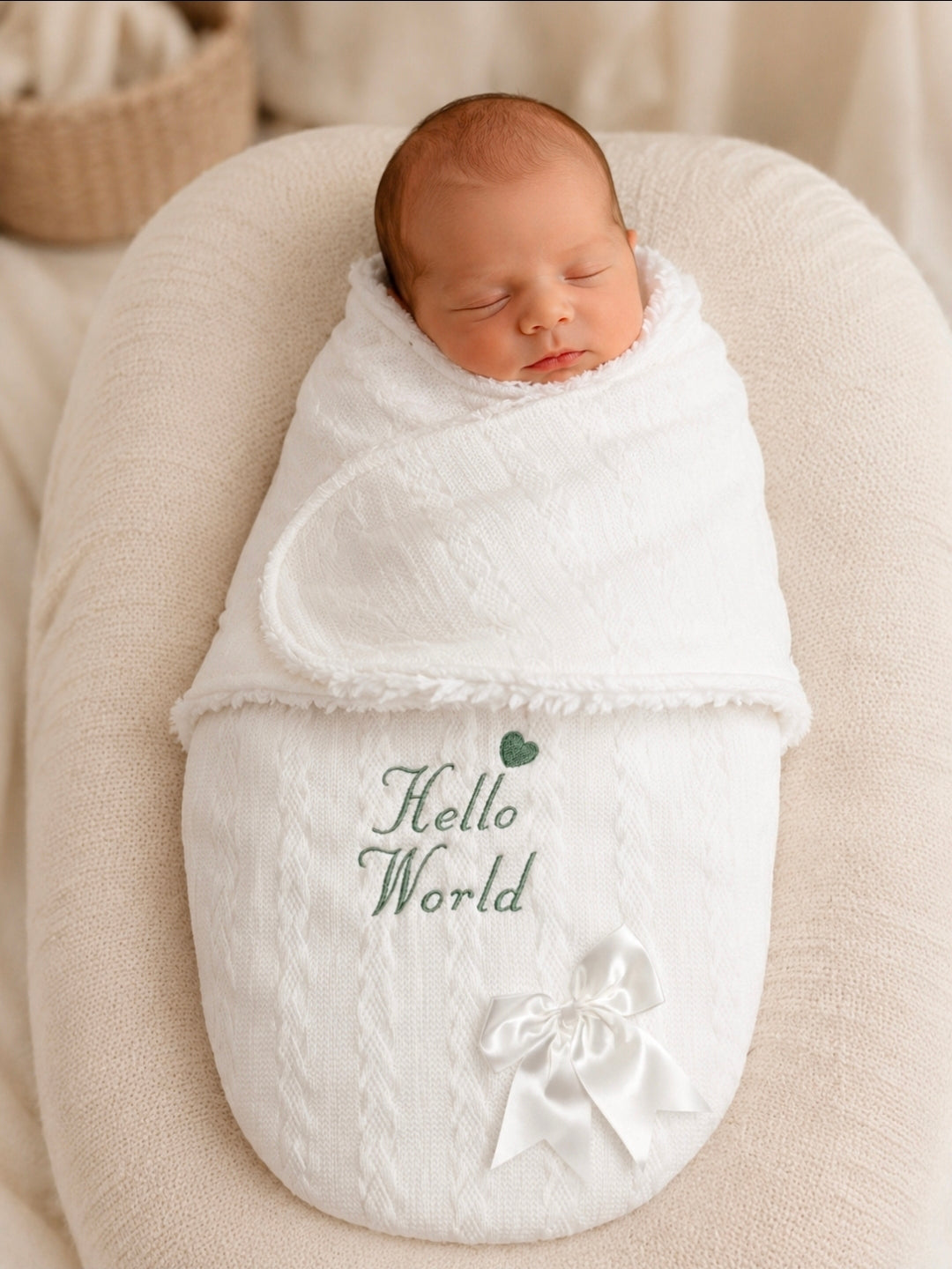 White Cable Design Swaddle With Hello World In Sage Green Embroidery