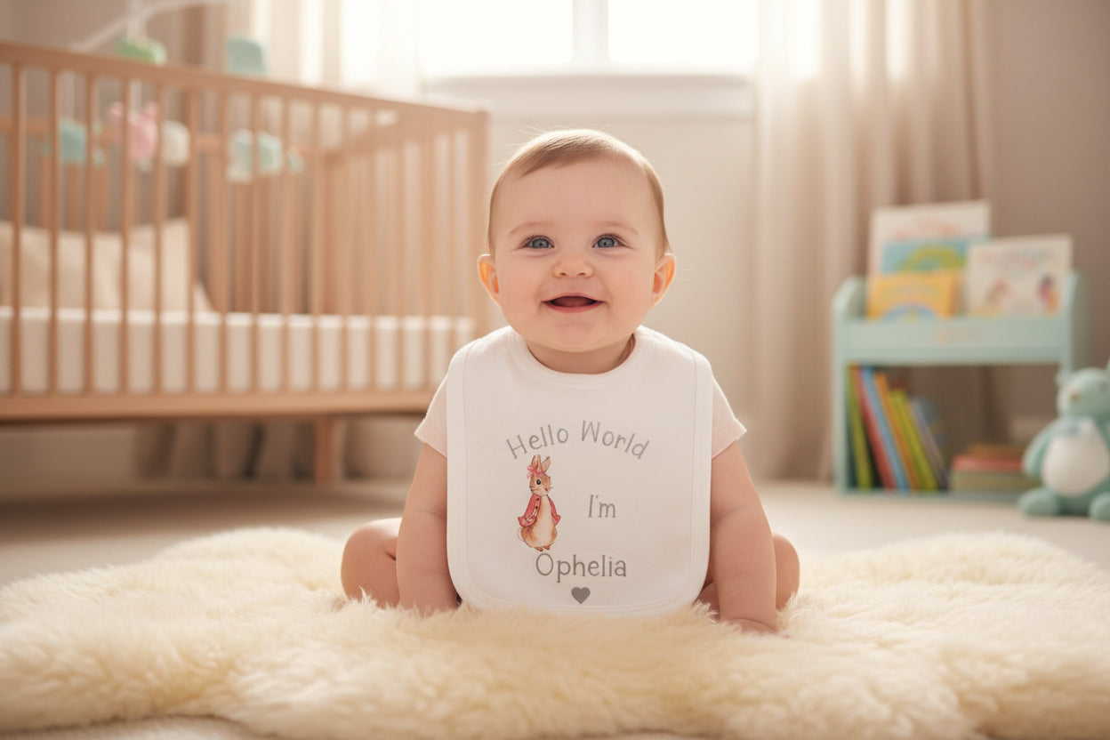 Baby Girls Personalised Hello World I'm Printed Pink Rabbit Bib
