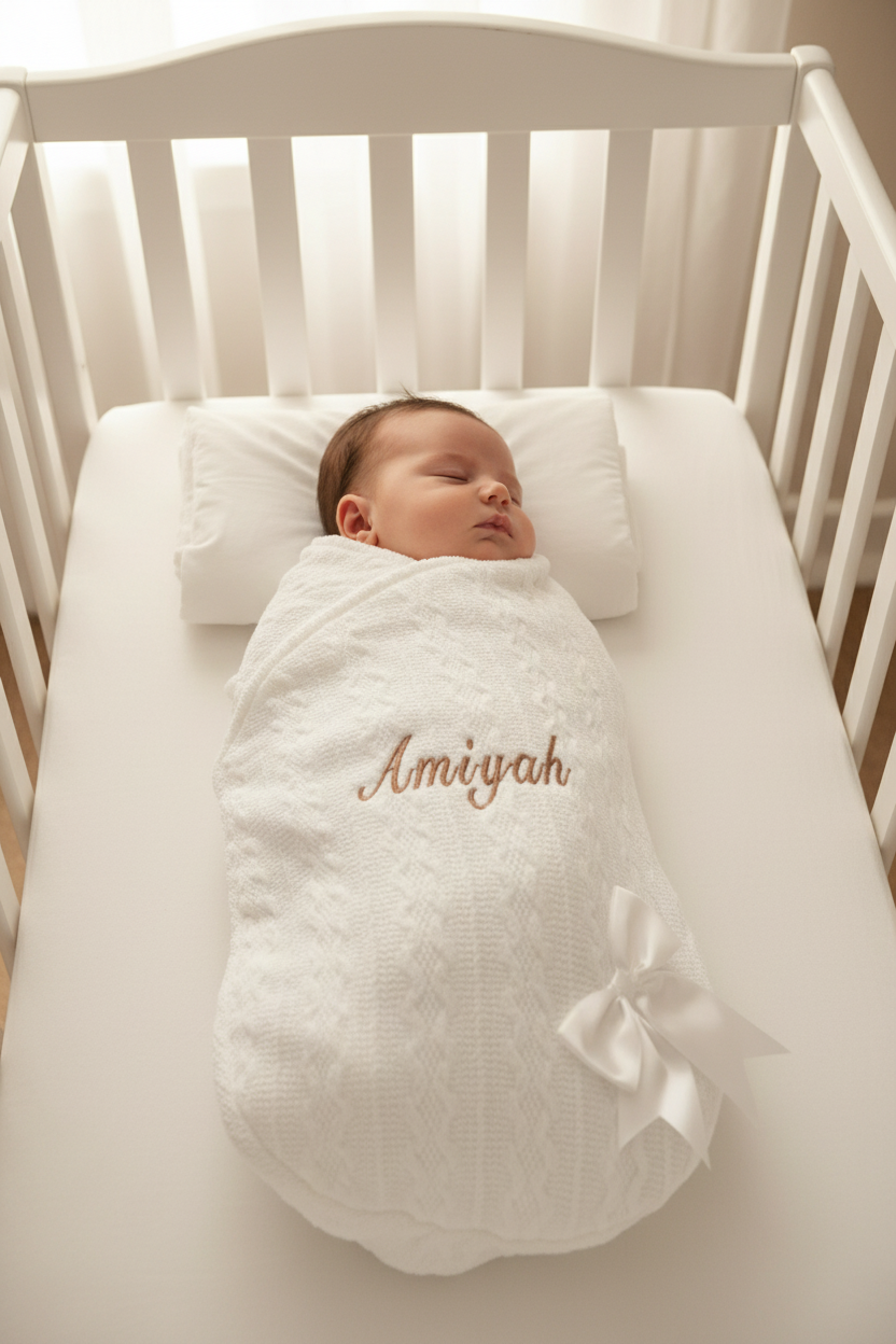 Personalised Unisex Baby White New Cable Style Swaddle With Satin Bow