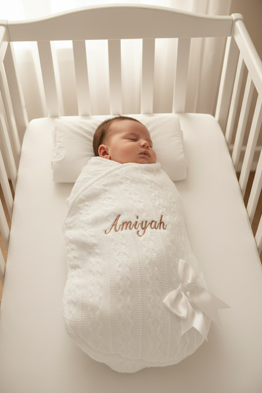 Personalised Unisex Baby White New Cable Style Swaddle With Satin Bow