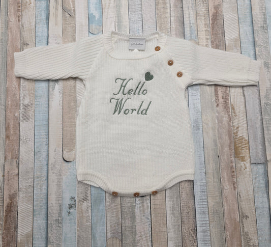 Unisex Baby White Knitted Romper With Sage Green Hello World