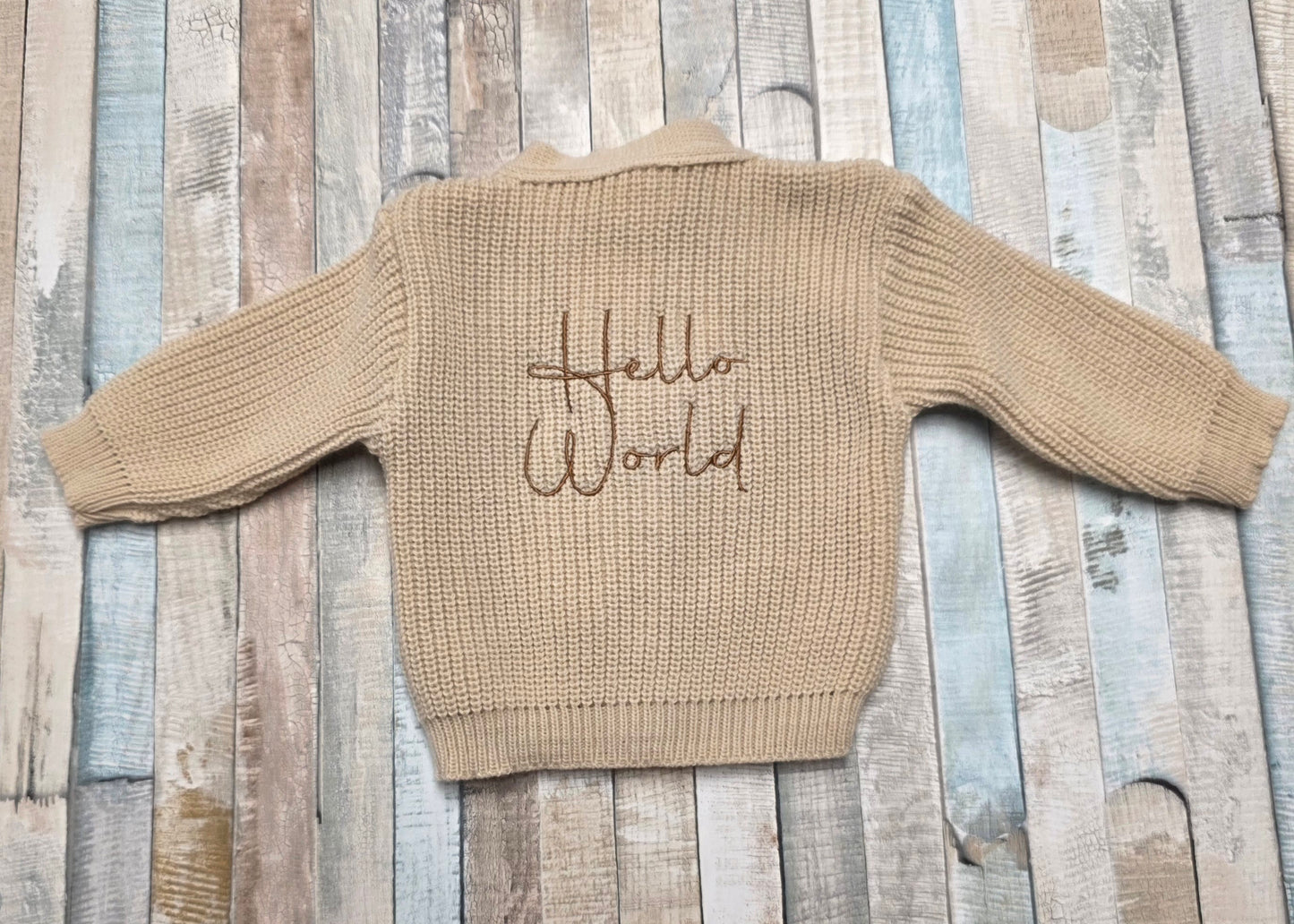 Unisex Baby Beige Hello World Ribbed V Neck Cardigan