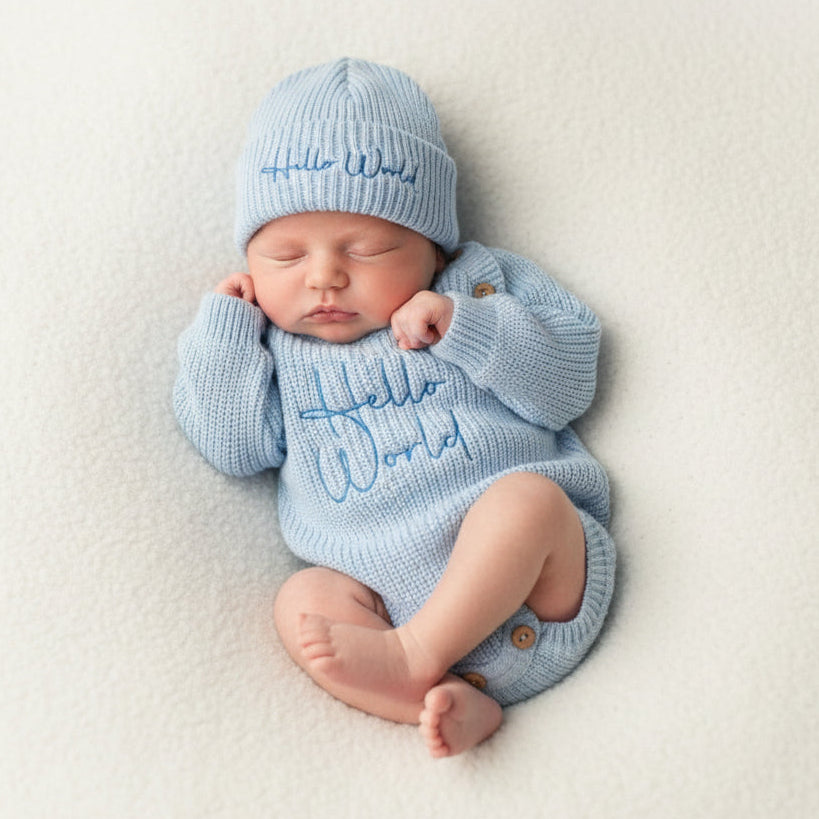 Baby Boys Blue  Knitted Hello World Romper And Beanie Hat