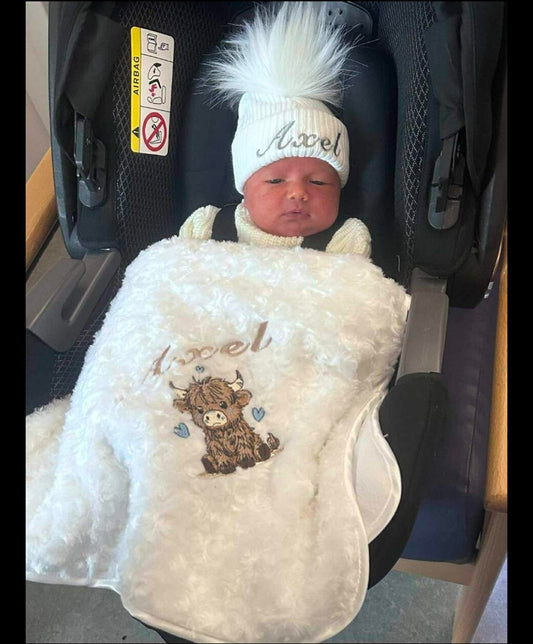Personalised Baby Boys  White Soft Rose Wrap Embroidered With Baby Highland Cow