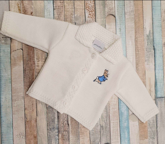 Baby Boys White Cardigan With Blue Rabbit