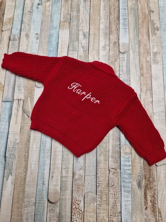 Personalised Unisex Baby Red Knitted V Neck Cardigan