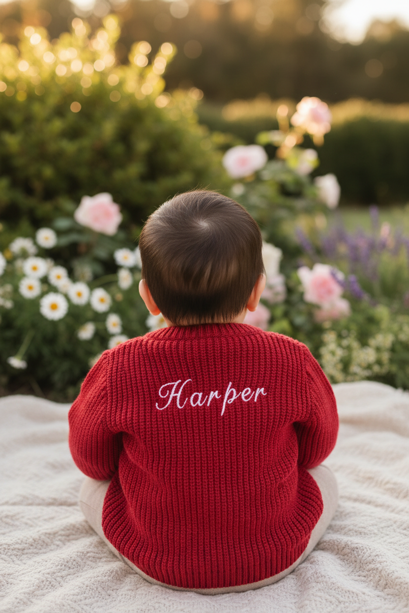 Personalised Unisex Baby Red Knitted V Neck Cardigan