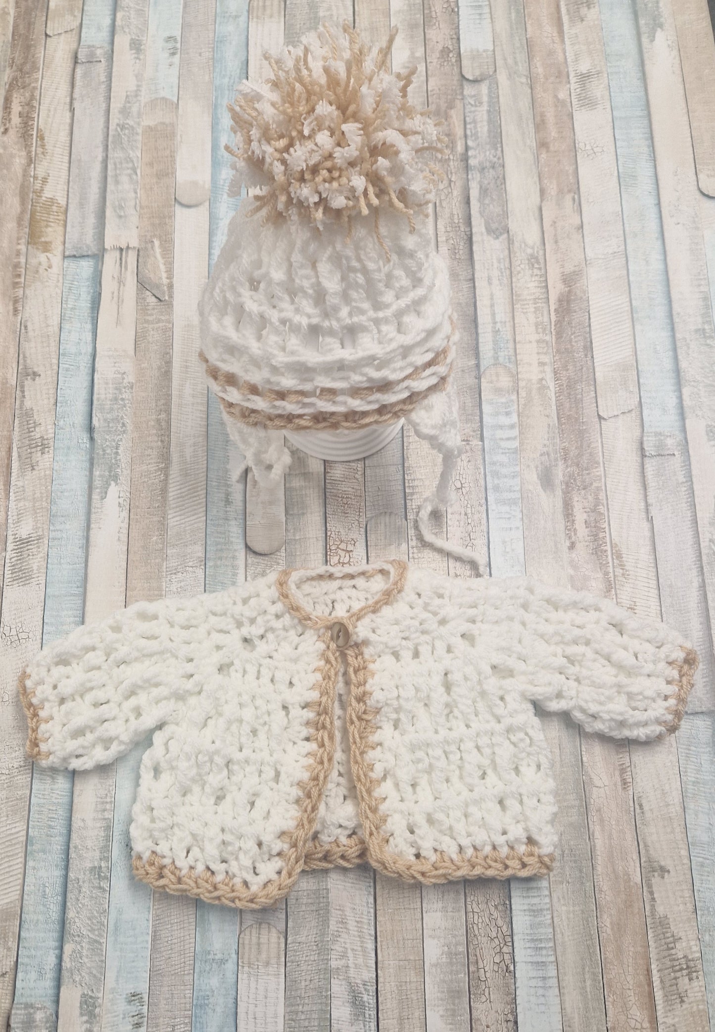Baby Boys White And Beige Fluffy Crochet Cardigan And Pom Pom Hat